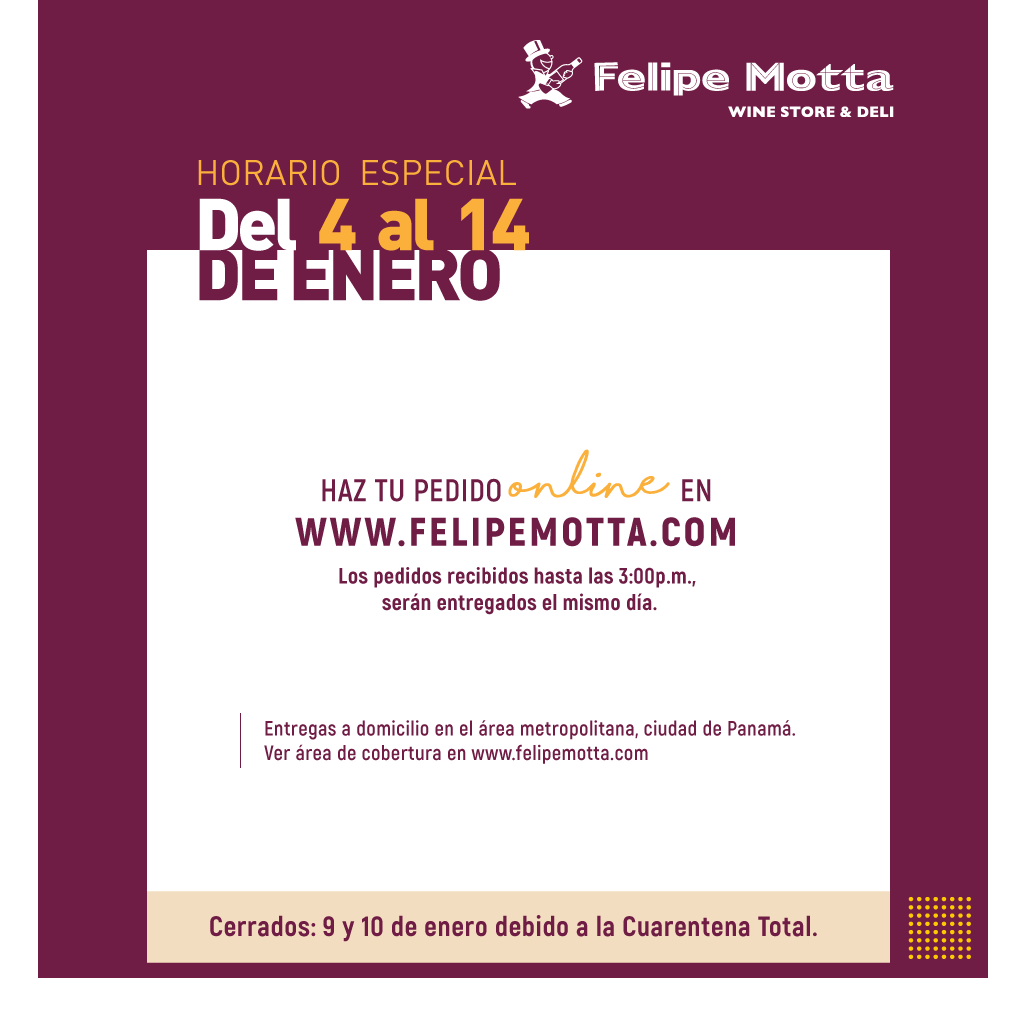 FMWineStore's tweet photo. Estimados clientes, 
Les presentamos el Horario Especial de nuestras sucursales a partir del 4 al 14 de enero de 2021.

#AquiEstaFelipe
#FelipeMotta https://t.co/rhxuoSZmUk