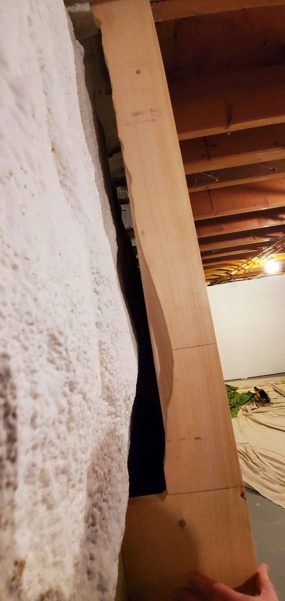 EdWozATC's tweet image. I measured this scribed piece to go against a wall with blown insulation so many times and did 2 scrap pieces to make sure it fit before I traced onto the final trim piece. Total time 3 hours. And I measured backwards on the trim board. #DIYProblems #basmenthomegym #fml