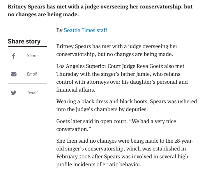 In September 2010, Britney met with Judge Reva Goetz who said they had a "very nice conversation" but made no changes to her conservatorship arrangement. Britney was seen crying after the hearing.  #FreeBritney