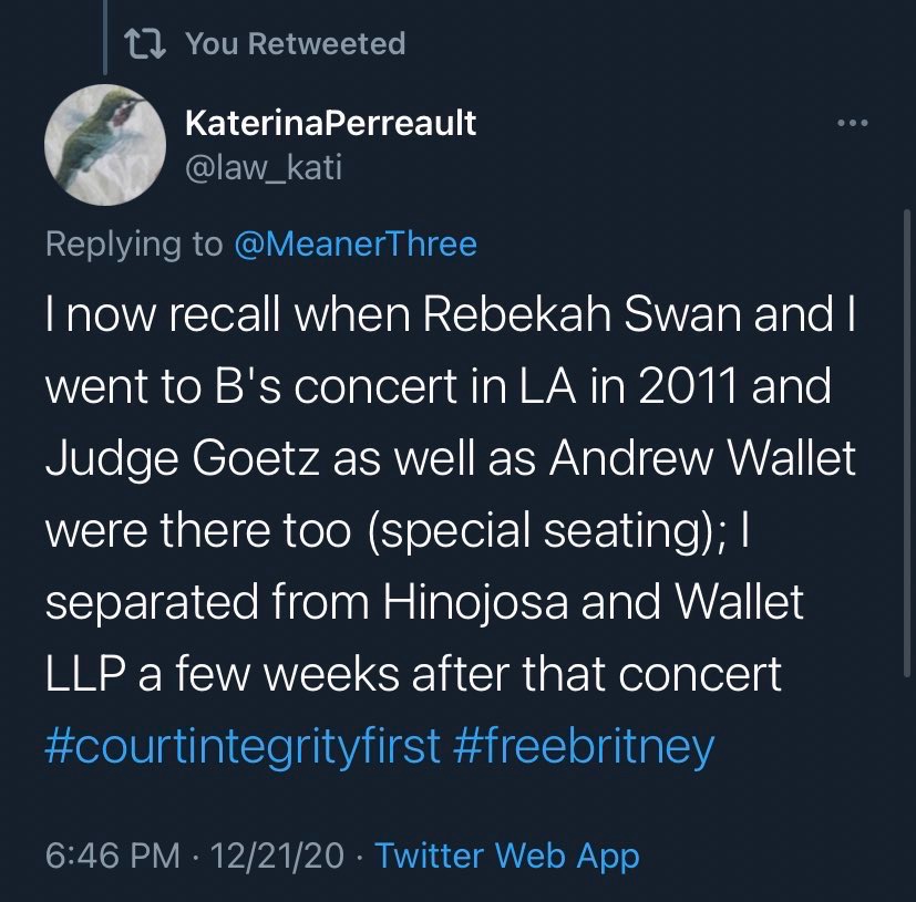Attorney Katerina Perreault, who worked at Britney co-conservator Andrew Wallet's law firm, said she saw him and Judge Goetz together attending the Femme Fatale tour. She deemed Britney incapable of making her own decisions, yet she is perfectly fine to tour?  #FreeBritney