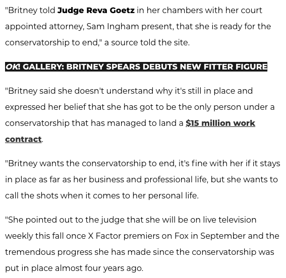 However, later that year, Britney told Judge Reva Goetz in her chambers that she was "ready for the conservatorship to end" saying she has to be "the only person under a conservatorship that has managed to land a $15 million work contract."  #FreeBritney