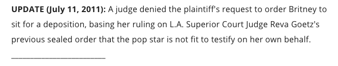 When Britney Spears was sued by Brand Sense over a fragrance dispute, Reva Goetz continued to deem her "not fit to testify" under a deposition.  #FreeBritney