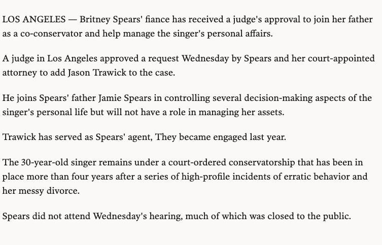 Reva Goetz also added Britney's fiance Jason Trawick as a co-conservator over Britney's personal affairs.  #FreeBritney