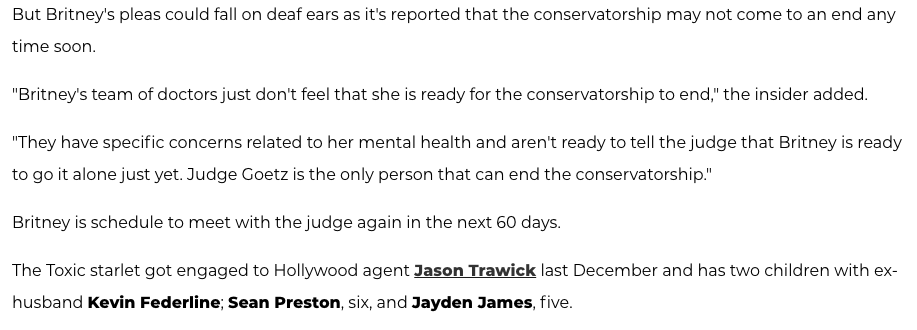 These requests for more freedom seemed to fall on deaf ears, though, as Judge Goetz was the only person that could end the conservatorship and she didn't.  #FreeBritney