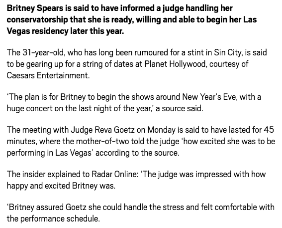 In July 2013, Britney told Judge Goetz she was "ready and excited" to start her Las Vegas residency.  #FreeBritney