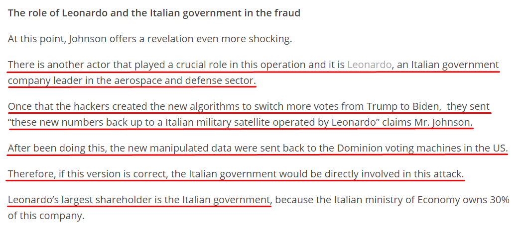 18. Last November, something unprecedented in the entire history of US elections occurred. Vote counting stopped. That gave time for Rome to take over, to deliver the fake victory to Biden, using encrypted military grade satellite comms via  #Leonardo to send data alterations.