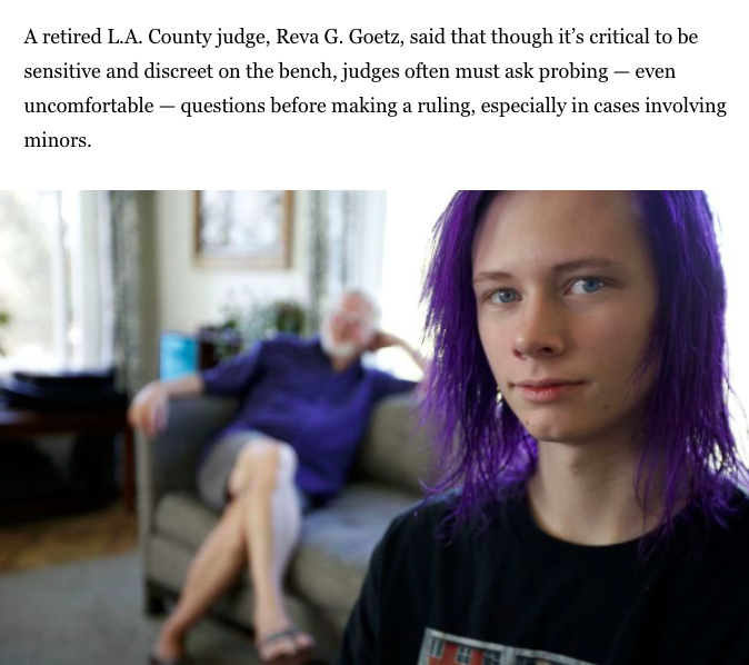 In 2017, Judge Goetz spoke out against transgender individuals who claimed insensitive treatment in the Los Angeles court system. Reva tried to justify it, saying judges have to asking "probing - even uncomfortable - questions."  #FreeBritney