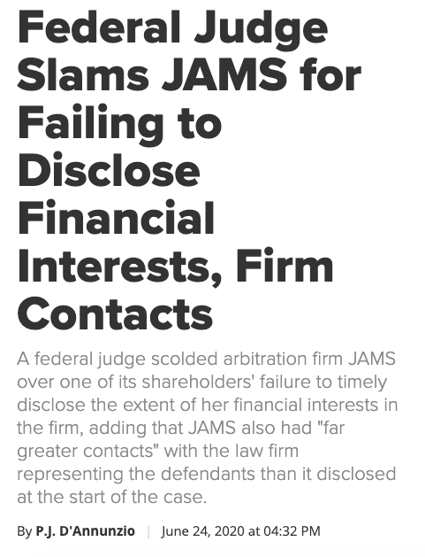 In fact, a federal judge recently slammed JAMS for failing to disclose their financial interests and firm contacts that could lead to bias when mediating cases.  #FreeBritney