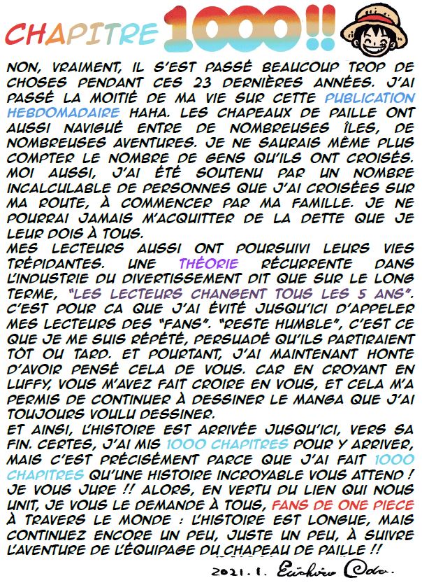 One Pieceスタッフ 公式 Le 1000e Chap Est Enfin La Voici Un Message D Oda San Pendant La Periode Un Emoji De Luffy Apparait Sur Chaque Hashtag Onepiece1000logs Illustrations De Chapitres