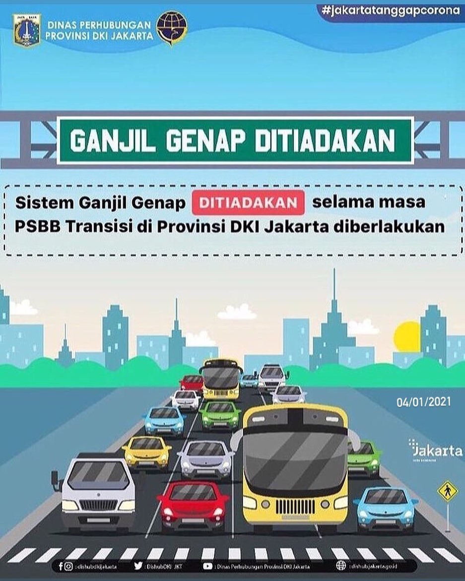 DKIJakarta's tweet photo. Sistem Ganjil Genap ditiadakan sementara selama pelaksanaan PSBB Transisi di Jakarta berlangsung sampai batas waktu yang akan di informasikan kembali.

#jagajakarta
#dishubdkijakarta
#GanjilGenap
#JakartaTanggapCorona
#HadapiBersama #psbbtransisi https://t.co/0I3LVxsQhZ