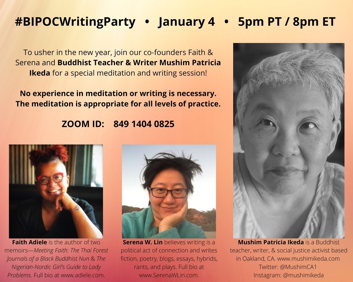 BIPOCWP's tweet photo. Join us tomorrow when our fearless cofounders @meetingfaith &amp; @SerenaWLin return with prompts and meditation with @MushimCA1. Not one to miss, y'all... Follow the link at  https://t.co/e8vcLvUC5l https://t.co/DiMM1QSSoq