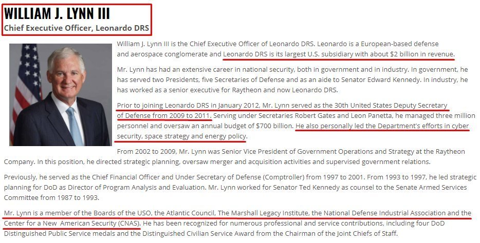 21. William J. Lynn III is CEO of Leonardo DRS, a U.S. sub of Leonardo w ~$2 billion in revenue. He previously served under the Hussein/Biden admin as Deputy Sec of Defense & led the Dept's efforts in cyber security & space strategy.