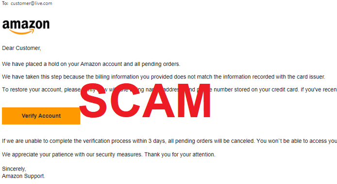nascgovau's tweet photo. Always be suspicious of email or text message requests to ‘update’ or ‘verify’ your financial or personal details. The latest Amazon impersonation email scam is addressed to customer@live.com but BCCs the victim’s email address. https://t.co/kdIjC8GADc