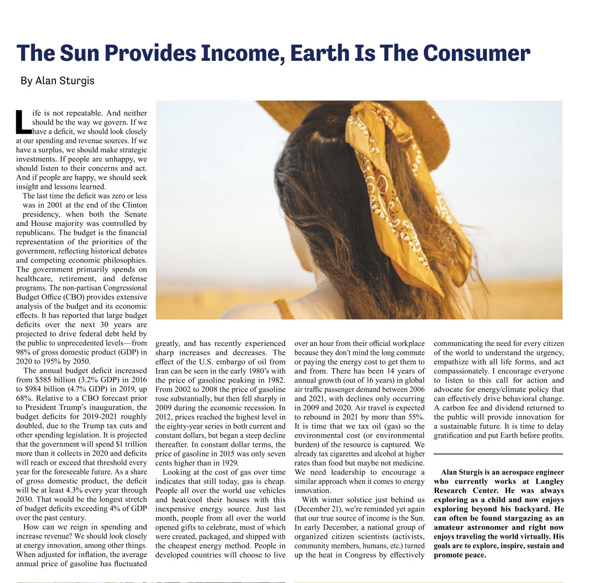 CCLRichmondVA's tweet photo. Congrats to #CCLRVA volunteer Alan S for an article in @TheEchoWorld, The Sun Provides Income, The Earth is the Consumer, 1/2021 #carbonfeedividend #freeenergy #deficets #GDP #callforaction @citizensclimate https://t.co/JrhuQbVlpk