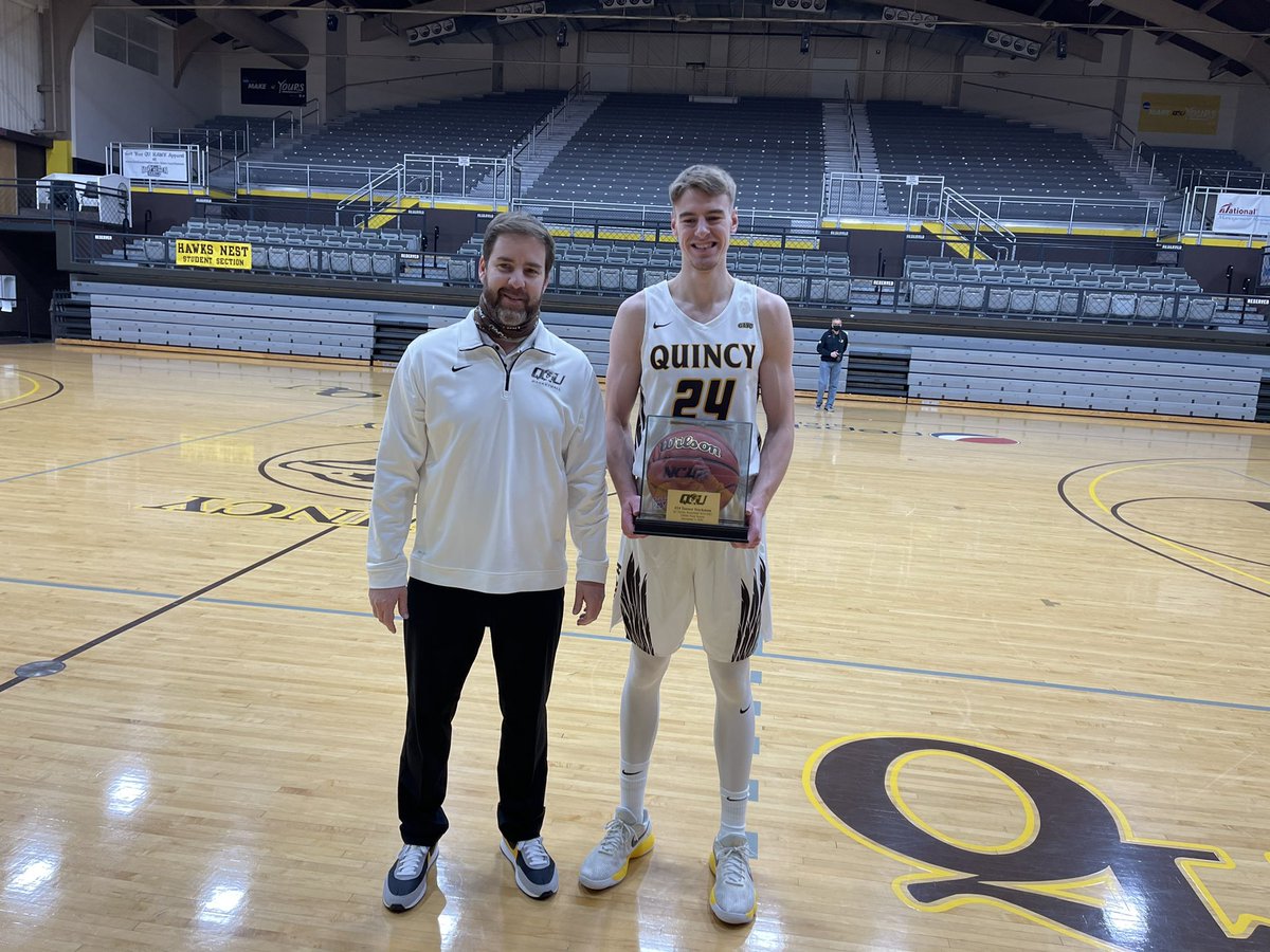 Proud to honor <a href="/tstuck24/">Tanner Stuckman</a> before the game today on scoring his 1000th point as a <a href="/QUHawksMBB/">QU Men's Basketball</a> player.  Unbelievably proud of this young man and his journey, with plenty more still to come.                                                How it started > How it ended.