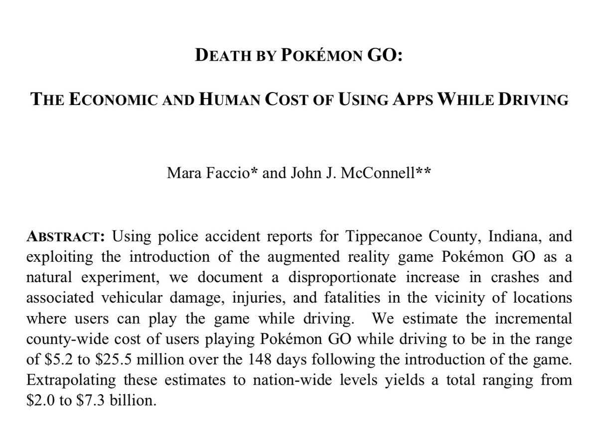 Ethan Mollick On Twitter We Don T Talk Enough About The Fact The Deadliest Video Game Is By Far Pokemon Go This Paper Estimates That Distracted Pokemon Go Players Led To 145 000 Car