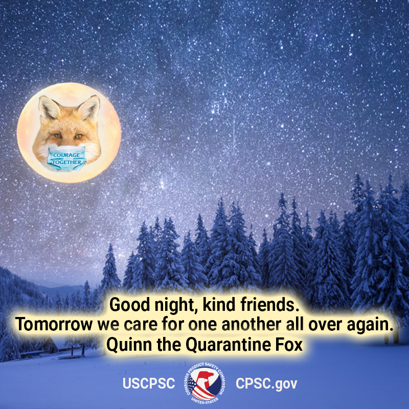 A fox in the moon over a snowy field. The fox is wearing a face mask that says "courage together" on the front. The text reads: Good night, kind friends. Tomorrow we care for one another all over again. - Quinn the Quarantine Fox.
