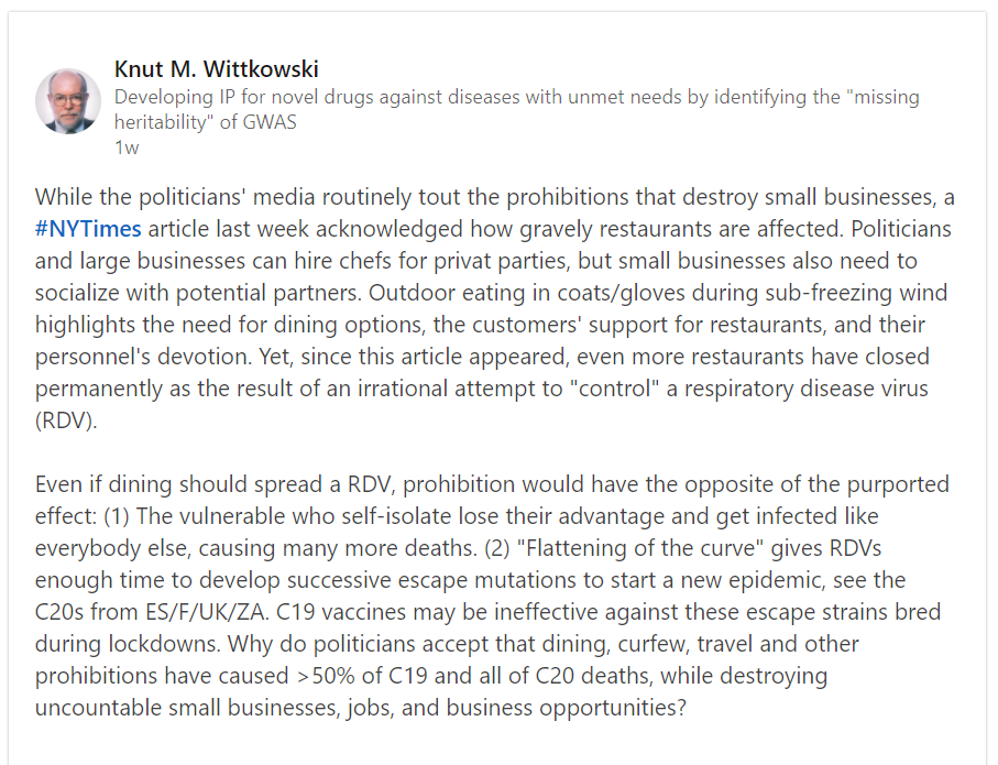 Hail__To_You's tweet photo. Post published late December 2020
Wittkowski on Restraunt Closures
(note, "RDV" here means "Respiratory Disease Virus," or in common language, a flu virus -- many families of diseases cause "flu-like illness," including coronaviruses):
#KnutWittkowski https://t.co/n3J4CULepl