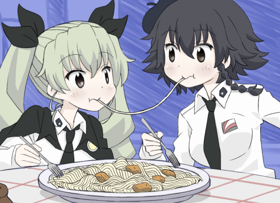 The Panzer team at Anzio High School prepare for another battle by sharing a plate of spaghetti. You should make some today too!  #SpaghettiDay