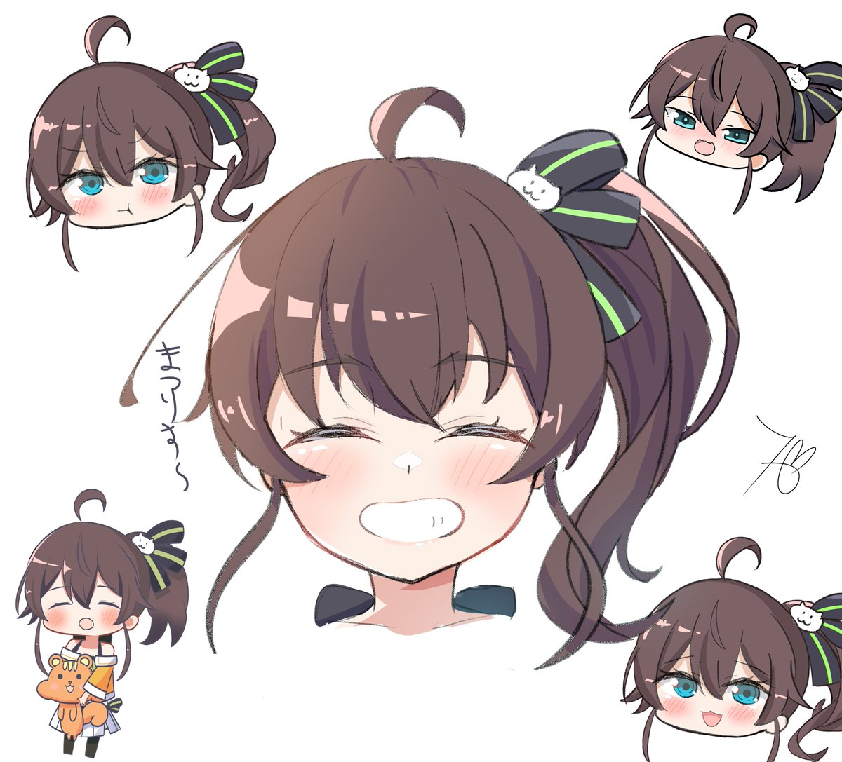 natsuiro matsuri 1girl brown hair side ponytail cat hair ornament ahoge multiple views smile  illustration images