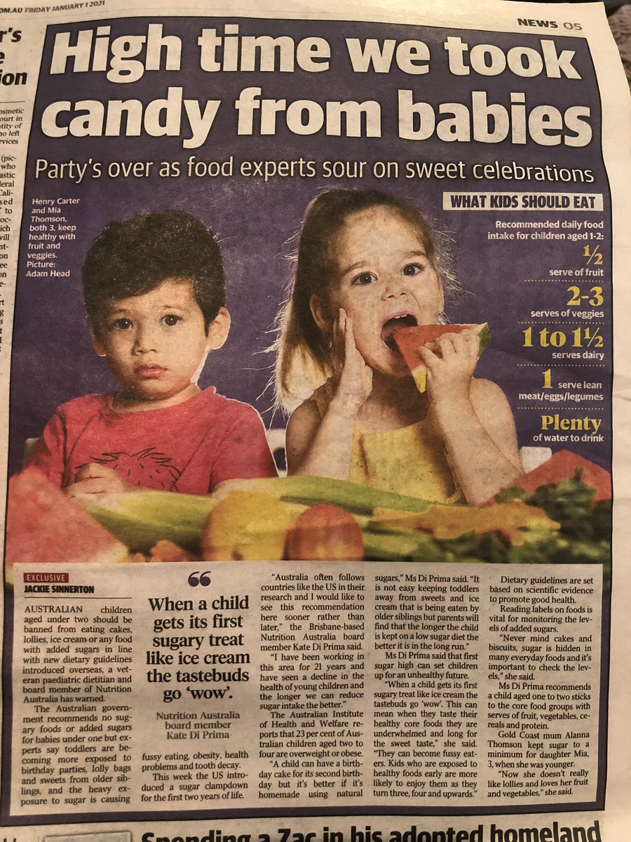 AmazeEducation's tweet photo. Nice to see Gaven’s Henry &amp; Mia in @couriermail helping limit sugar for Under 2s. Luckily we have Centre Cooks like Miss Mandi who provide a tasty &amp; nutritious low sugar diet for all children. Sugary treats can contribute to fussy eating, obesity, health problems &amp; tooth decay. https://t.co/Anzv3TjMkZ