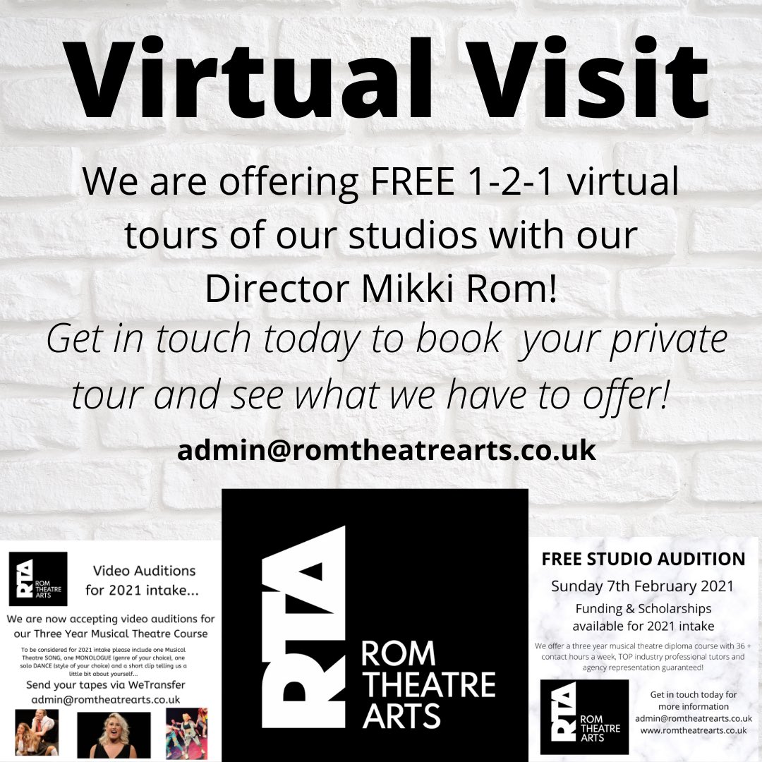 *VIRTUAL VISIT*

We are offering 1-2-1 virtual visits with our Director Mikki Rom. 

Tour our studios and find out what we can offer you! 

Book today admin@romtheatrearts.co.uk