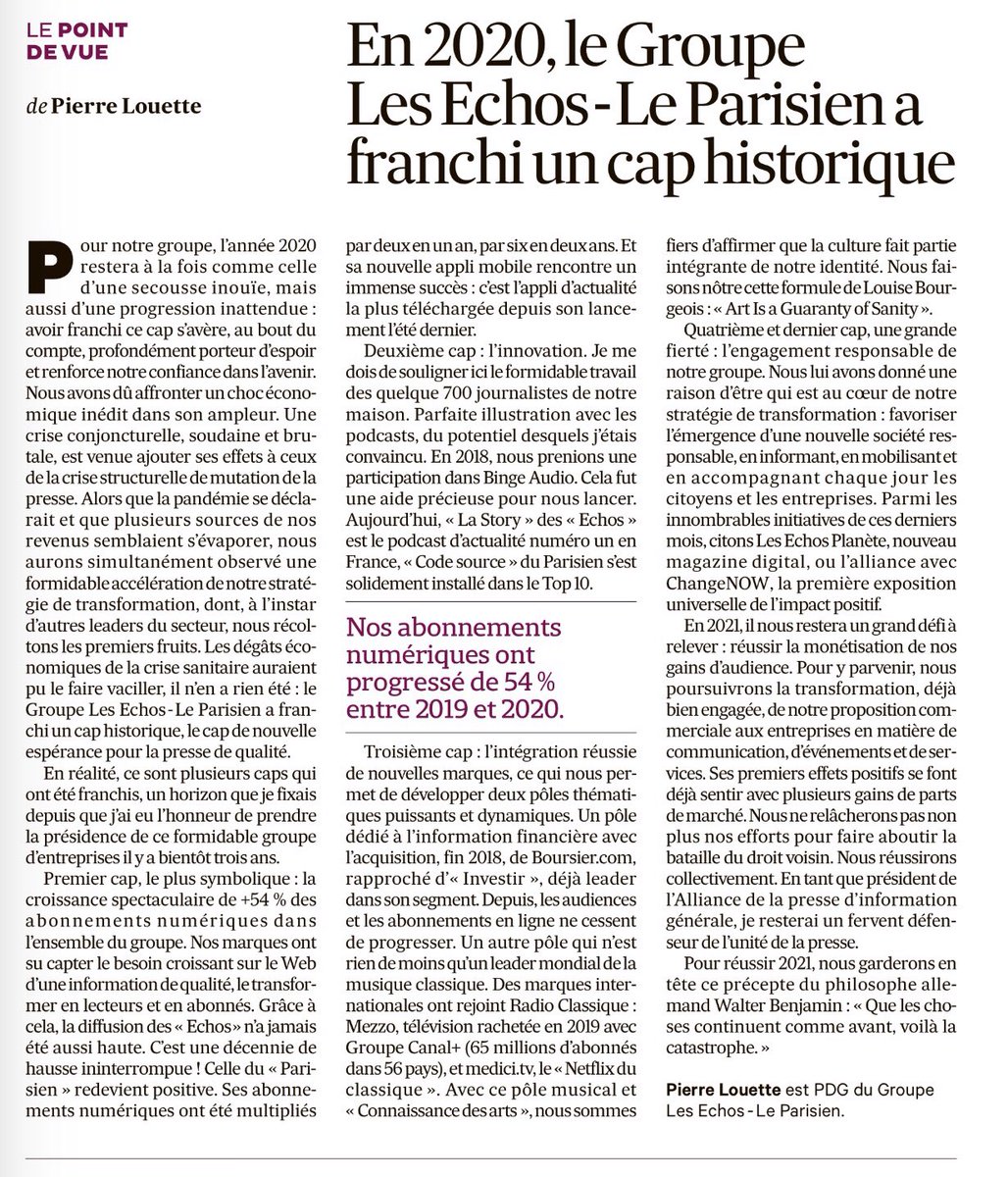 « En 2020, le Groupe <a href="/LesEchos/">Les Echos</a> - <a href="/le_Parisien/">Le Parisien</a> a franchi un cap historique », annonce <a href="/LouettePierre/">Pierre Louette</a> dans Les Echos.

Accélération de la transition digitale, bon de +54% des abonnements numériques, innovations, intégration de nouvelles marques, engagement responsable du groupe. ⤵️