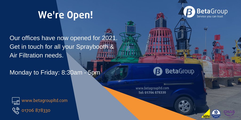 BetaGroup_Ltd's tweet photo. Beta Group is now open for business in 2021! First day back and we're ready to help all of our customers. 

Whether you need a spray booth service, air filters for your HVAC system, or building services, contact us today!

#Spraybooth #FacilitiesMaintenance #AirFilters https://t.co/dJOzmmBs2F