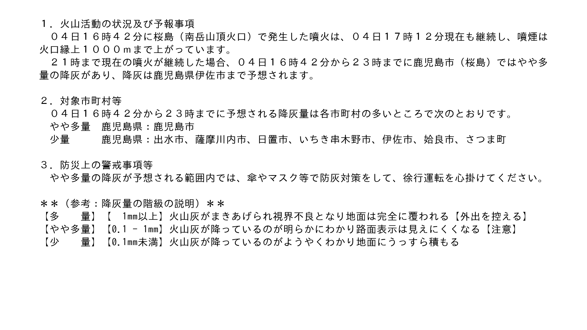 地震 津波 火山情報 בטוויטר 桜島 降灰予報 詳細 04日16時42分に桜島 南岳山頂火口 で発生した噴火は現在も継続しています 今後も噴火が継続した場合 04日16時42分から23時までに鹿児島市 桜島 ではやや多量の降灰 があり 降灰は鹿児島県伊佐市まで予想