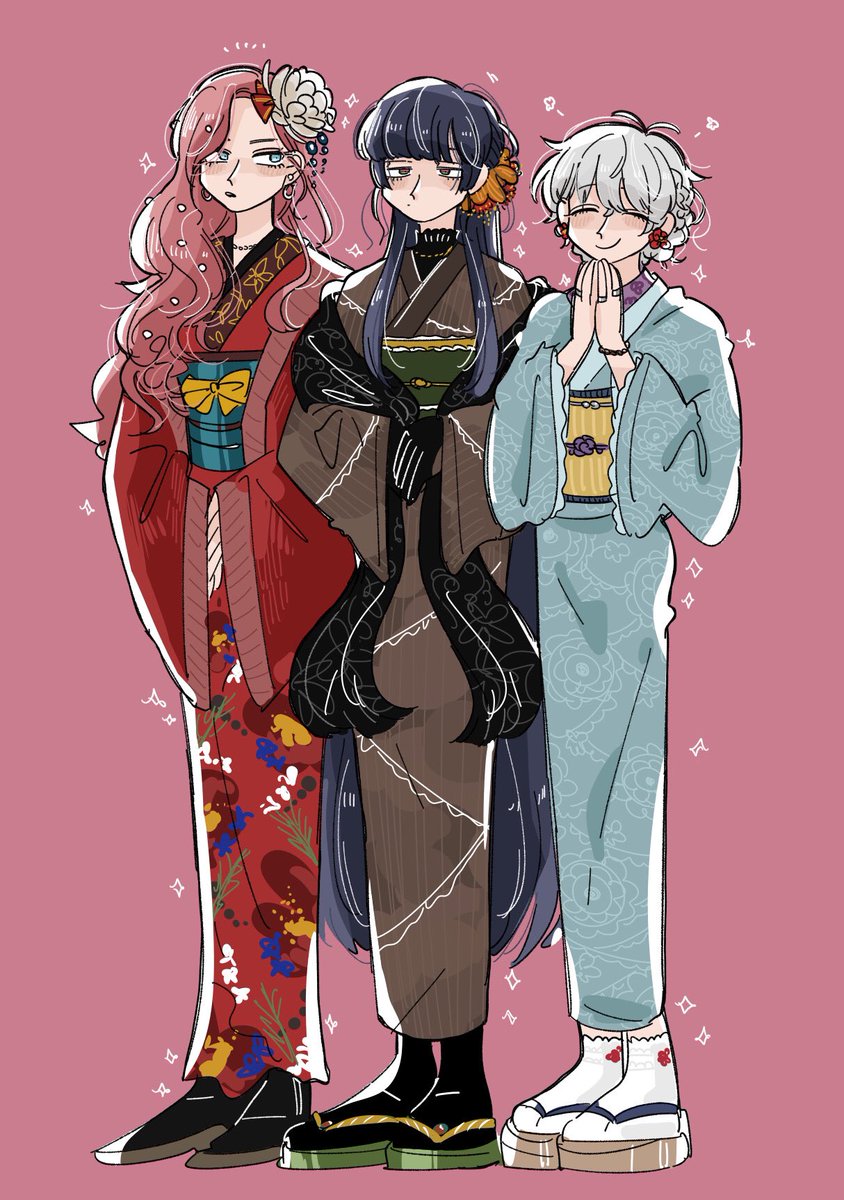 japanese clothes kimono long hair multiple girls hair ornament obi 3girls  illustration images