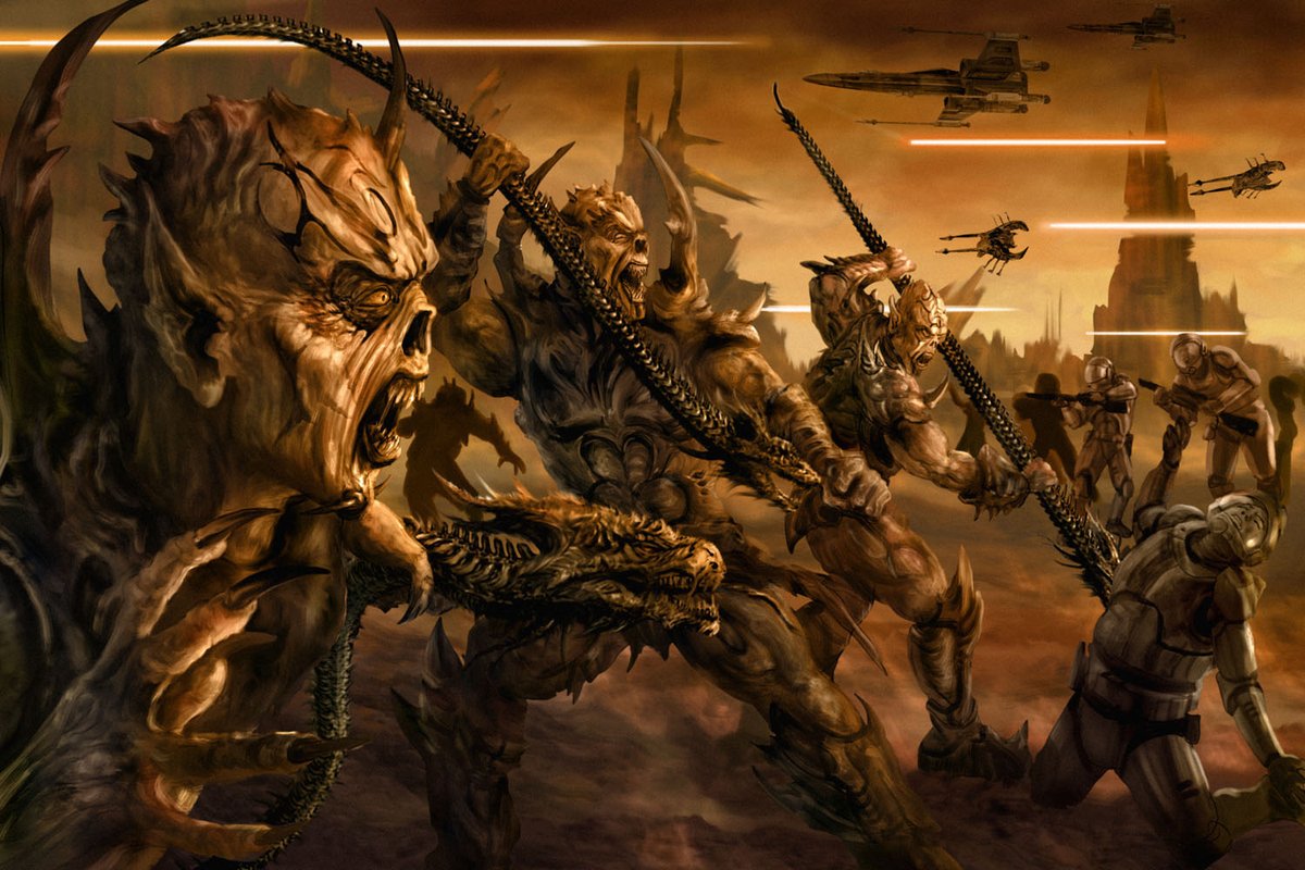 3/ war between the Vong and a "species" (for lack of a better term) of droids. The planet helped them fight back by teaching them how to create organic weapons. During this war, the Vong became more violent and warlike but eventually drove the droids off (and hence their