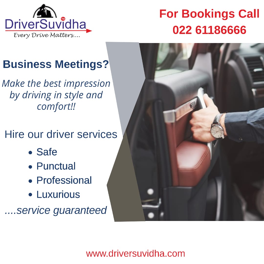 DriverSuvidha's tweet photo. When going for meetings dont sweat out or stress out in the city traffic! Make best impression in your business meets by travelling comfortably by hiring our professional &amp; trained drivers. Connect with us today. For bookings call at 022 61186666 https://t.co/kl5N7HWQHG