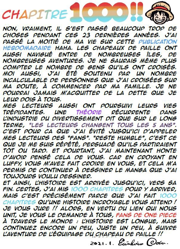 TeamManga__'s tweet photo. Voici le message de Eiichiro Oda traduit en français, à l'occasion du chapitre 1000 de #ONEPIECE : https://t.co/Yl7ViyqjxS
