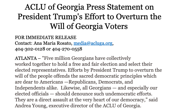BrendanKeefe's tweet image. ACLU of Georgia: "Efforts by President Trump to overturn the will of the people offends the sacred democratic principles which are dear to Americans. All Georgians — and especially our elected officials — should denounce such undemocratic efforts."