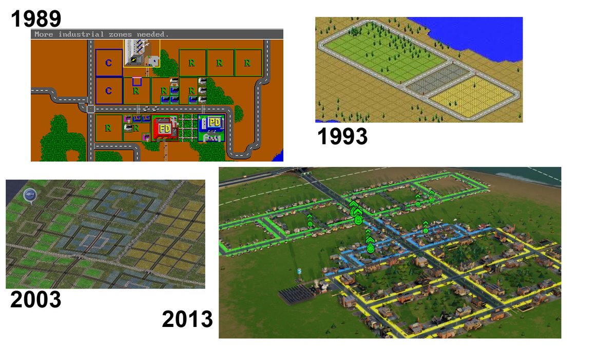 SimCity is one of the older ones. The first version came out in 1989, the most recent one in 2013. Surprisingly the game mechanics have not changed much over a quarter century - the game still does not have mixed use zoning or buildings.