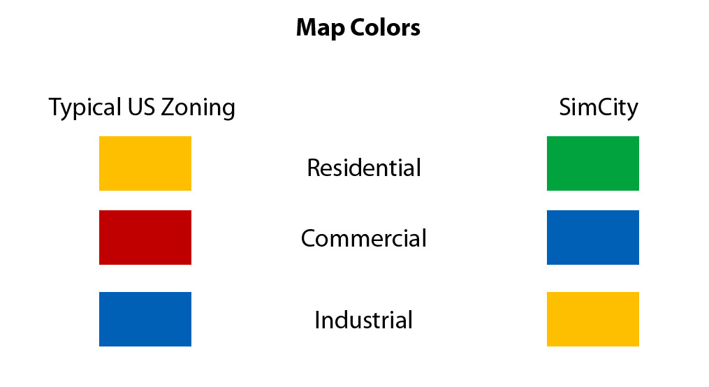 Somehow SimCity ended up using a completely backwards color scheme from actual American zoning. American planners have used yellow for homes, red for businesses, and blue for industry since the 1950s  https://redmine.auroville.org.in/attachments/download/5753/AICP%20and%20APA%20ColorConventions4Maps.pdf