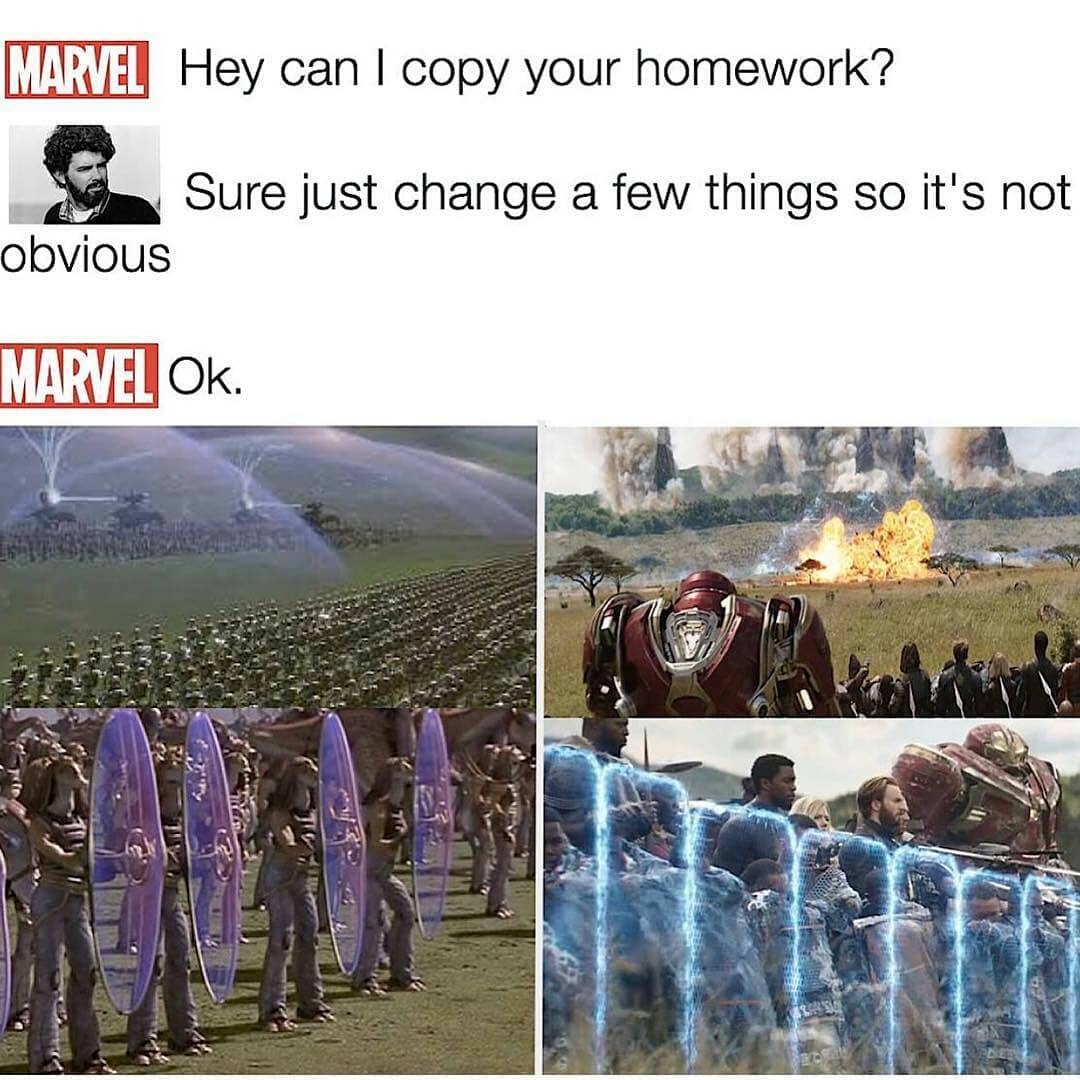 XJSquire's tweet image. Rewtching Marvel and Star Wars at the same time is a bad idea. I thought, "the battle of naboo reminds me of infinity war".. How did I not notice this before. 🤣🤣🤣