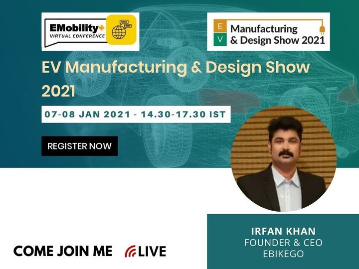 ebikego's tweet image. Want to design a clean future for India? Join our founder &amp;amp; CEO, Irfan Khan, at the Virtual EV Manufacturing and Design Show on the 7th and 8th of January 2021.

Buy your tickets now: lnkd.in/eqFRd_S

#eBikeGo #webinar #VirtualEV #RegisterNow