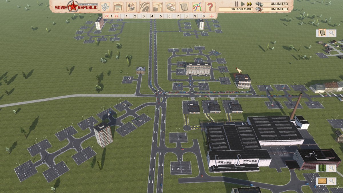 in contrast, in the Slovakian game "Workers & Resources: Soviet Republic", parking lots are realistically sized and something the player has to build if they decide to let people own personal cars.