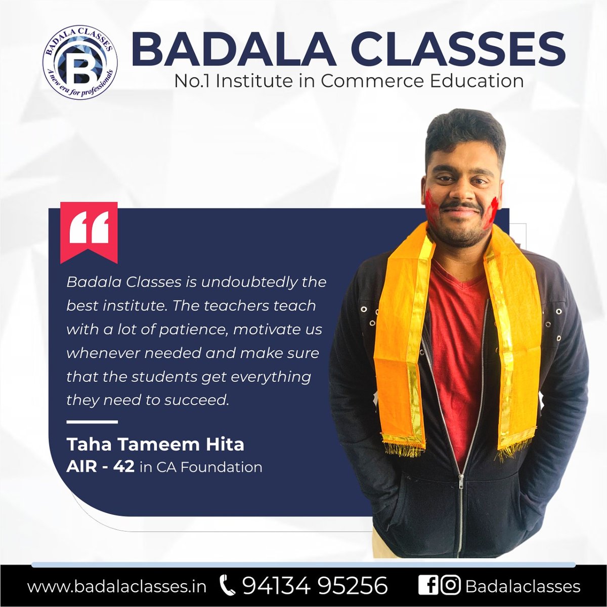 BadalaClasses's tweet photo. Such words bring us tears of joy!!
What our toppers speak - Part 16
Taha Tameem Hita - AIR 42 in CA Foundation
#badalaclasses #badalians #toppersspeak #alwaysonthetop #icai #cafoundation https://t.co/giNTHVEUCs
