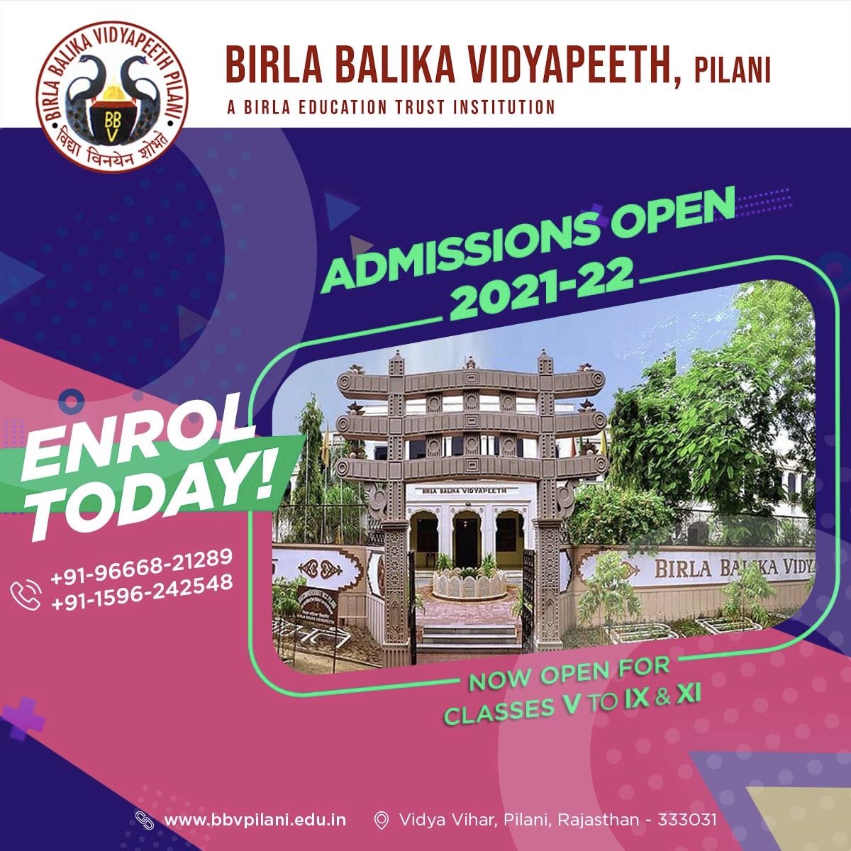 bbvpilani's tweet photo. Admission Open for 2021-2022 academic session V to IX and XI. Fill up the registration form on https://t.co/SqFXgiSXZ5 OR call us on 96668-21289 / 1596-242548 to know more.
#BBVPilani #BetPilani #AdmissionOpen #ApplyNow #LifeAtBBVP #CBSE #Education #SchoolAdmission https://t.co/4HMWWffNlj