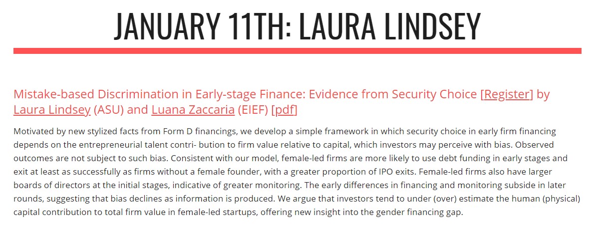 📢Join us for the next WEFI talk on next Monday, Jan 11, at 12pm ET. 

Laura Lindsey (ASU <a href="/WPCareySchool/">W. P. Carey School</a>) presents "Mistake-based Discrimination in Early-stage Finance". Discussion by Emmanuel Yimfor (<a href="/MichiganRoss/">Ross School of Business</a>). 

Register here: caltech.zoom.us/meeting/regist…

Come join us!