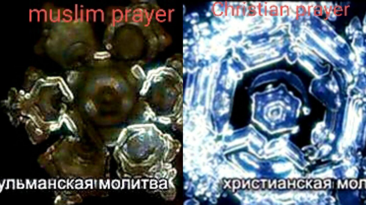 Alisa05858518's tweet image. Comparison of the structure of water molecules after Christian and Muslim prayers.  Which one looks nicer to you?
#Experiment #Structure #Waterstructure #Water #Prayer