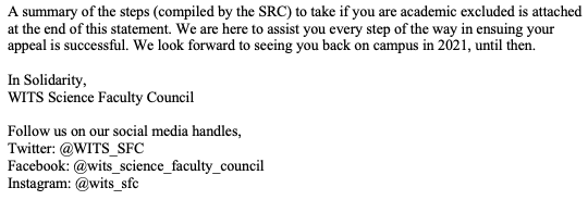The deadline for WRC-1 appeals is fast approaching. For those who are academically excluded please apply by the 8th of January at 12:00. No late appeals will be considered, please reach out to us or @WitsPYA if you need assistance 🙏