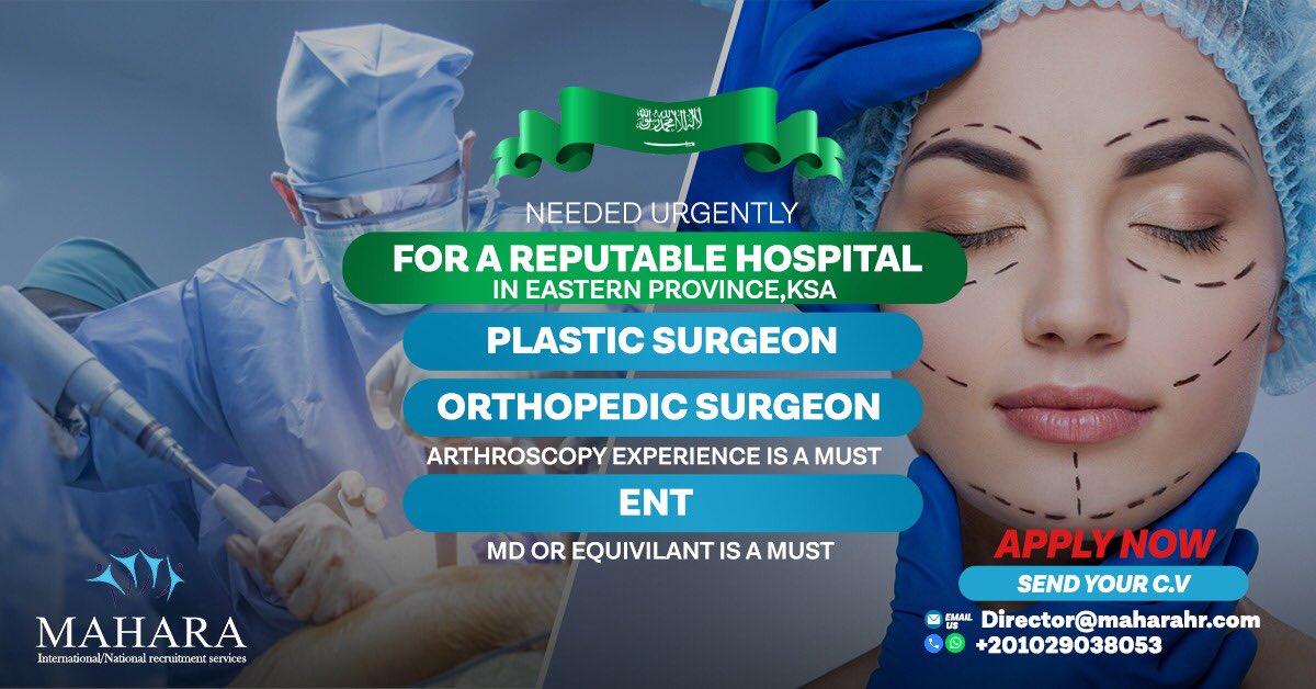 MaharaEgypt's tweet photo. Needed urgently‼️
For a reputable hospital in Eastern province,KSA🇸🇦
1- plastic surgeon
2- orthopedic surgeon (arthroscopy experience is a must)
3- ENT
MD or Equivilant is a must

Send your CV
Director@maharahr.com📧
WhatsApp +201029038053📲 https://t.co/m6JjV2IZWI