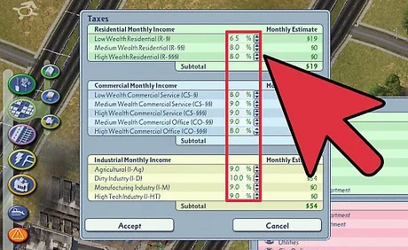 SimCity 4 has even more options with property taxes (but only property taxes), allowing different rates based on income. By setting an income bracket's rate high enough, players can exclude entire income brackets. (which is similar to a real thing some US cities have tried to do)