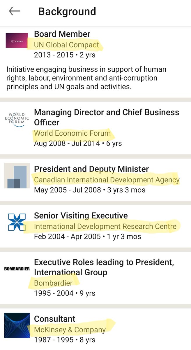 4) Look at their résumés:Robert Greenhill-McKinsey & Co-WEF-UN-Canadian International Council -CIDA-Bombardier Tim Evans -WHO-World Bank-McGill-GAVI/CEPI-Rockefeller Foundation-Rhodes Scholar
