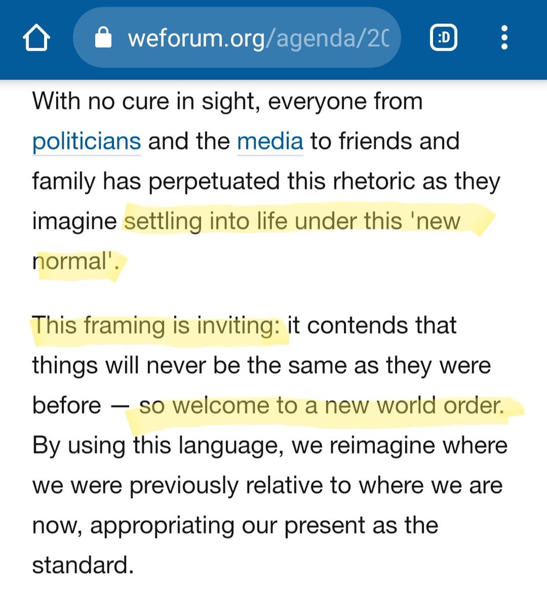 8) Do you consent to Globalist tyrants like these working with our governments to oversee the installation of New World Order policies? Evans and Greenhill are both involved in the World Economic Forum. Look at what they say about the "new normal" because of Covid-19.