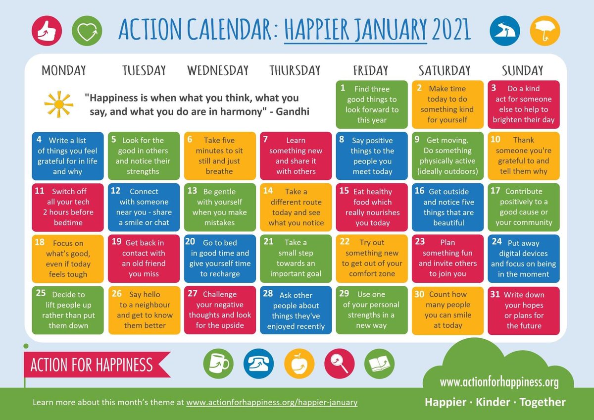 ParkHallAcademy's tweet photo. Action Calendar
Happier January 2021
Happiness is when what you think, what you say, and what you do is in harmony.
#happiness #january2021 #Gandhi #actioncalendar https://t.co/92B7zJ55OT