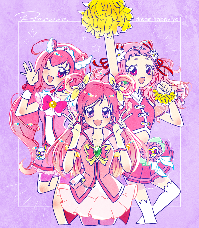 cure happy ,hoshizora miyuki ,yumehara nozomi pink hair color connection 3girls multiple girls pink skirt butterfly brooch one eye closed  illustration images